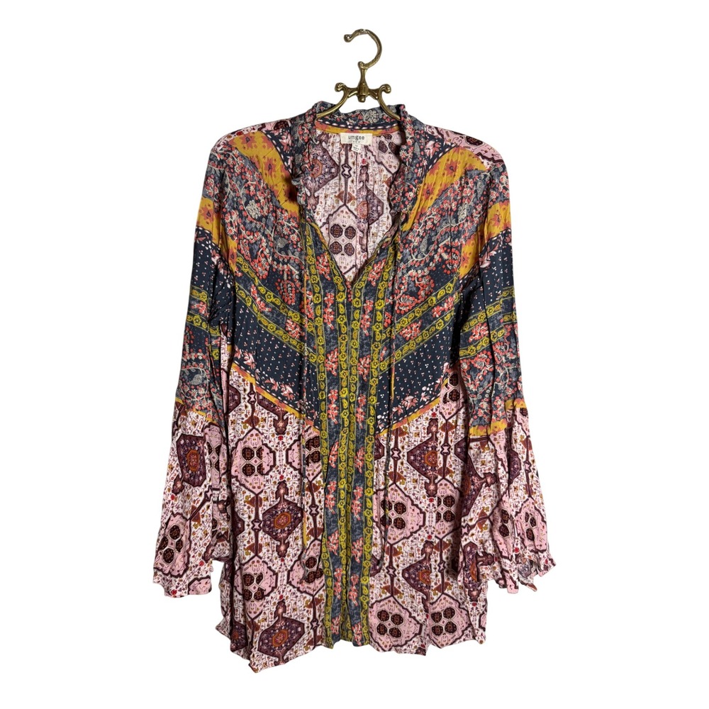 Umgee USA Womens Mixed Print Boho Bell Sleeve Blouse Pink Mustard Navy Size M